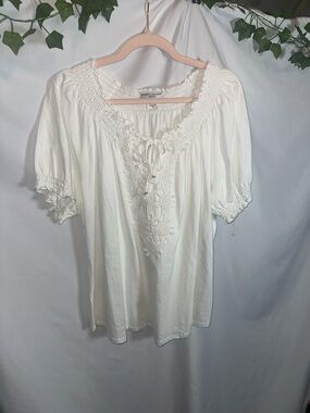 Rebecca Malone Cream Smocked Peasant Blouse with Floral Embroidery
